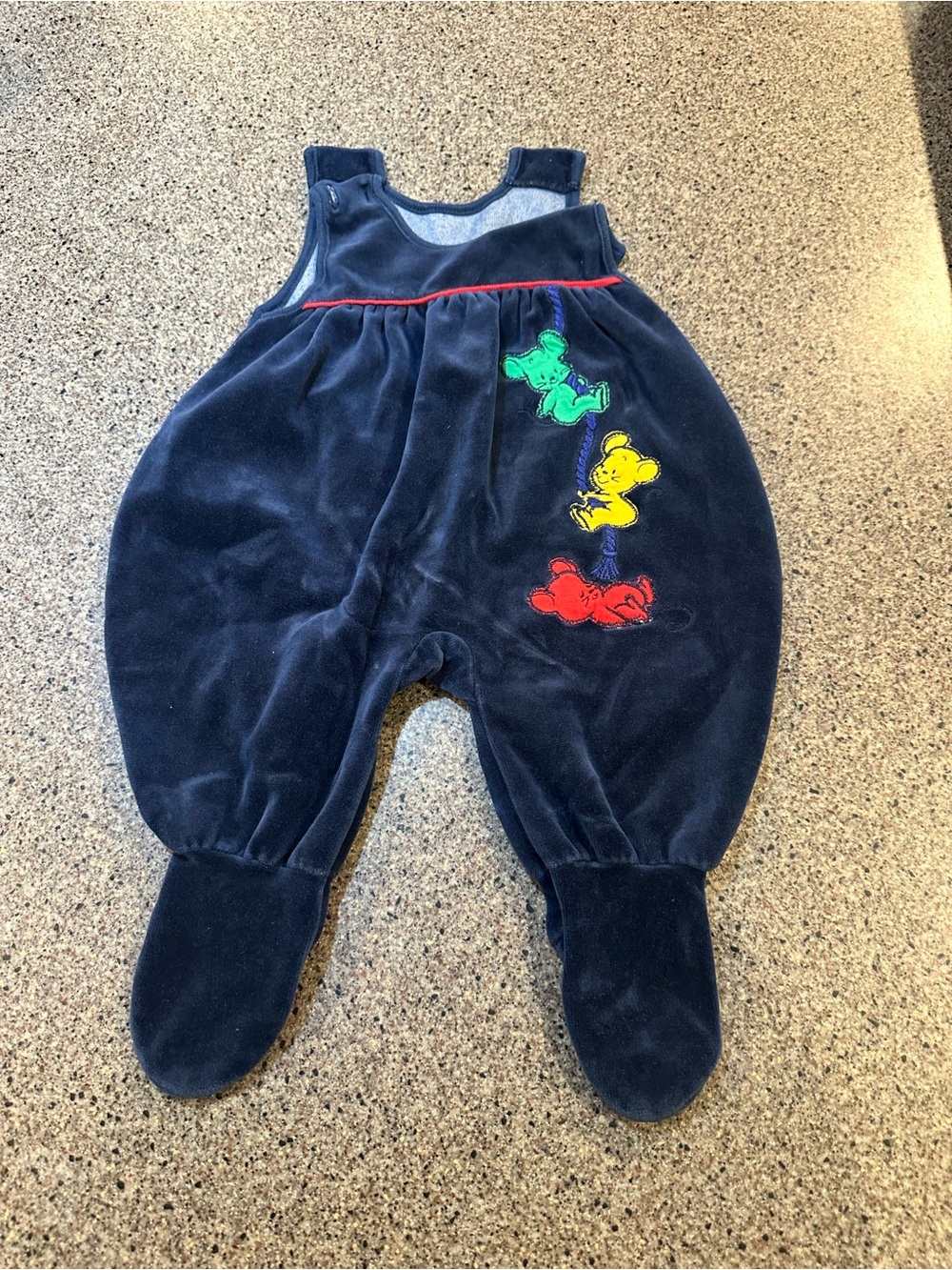 Navy Velvet Baby Romper with Colorful Bear Appliqués